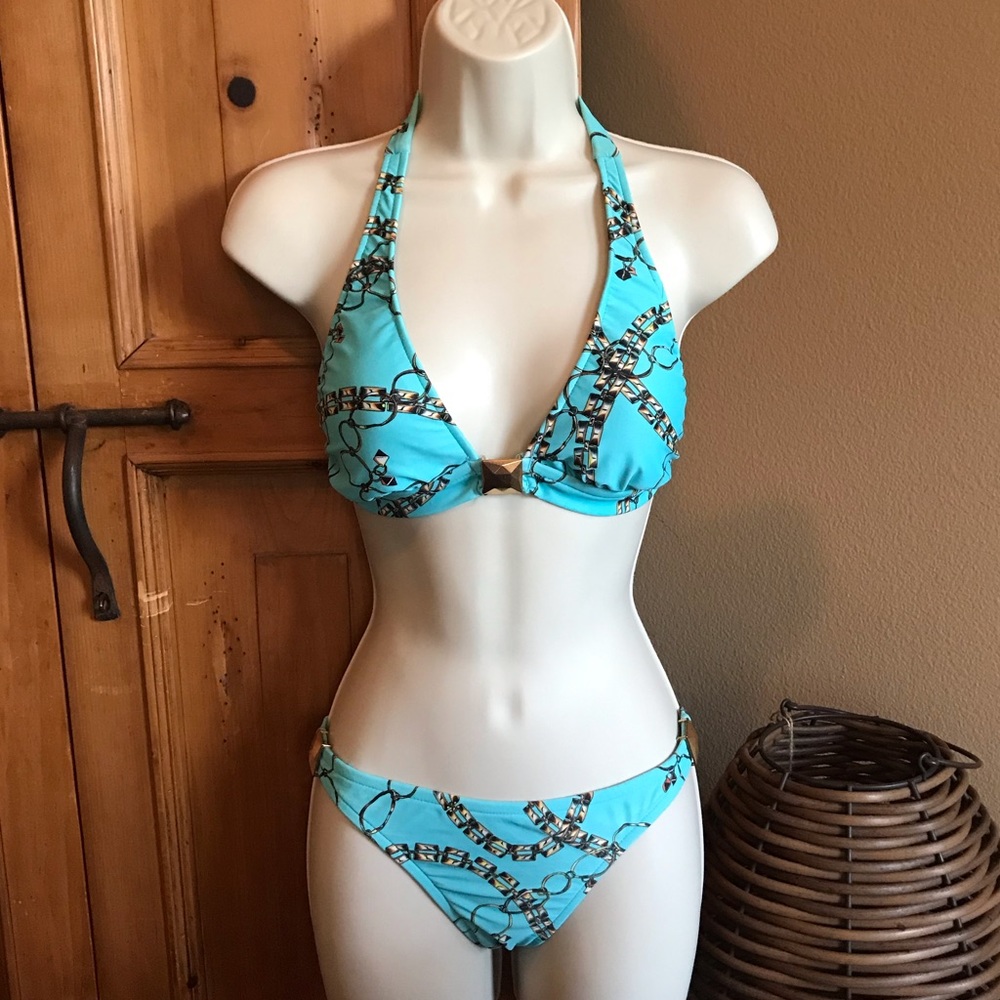 Xhilaration Trendy Gold Stud Accent Chain Graphic Turquoise Bikini 2 Pc Set S/M
